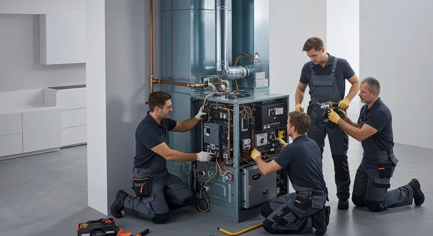 Four technicians repair complex furnace system.