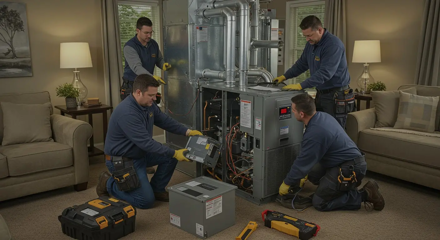 Four technicians installing modern residential furnace.