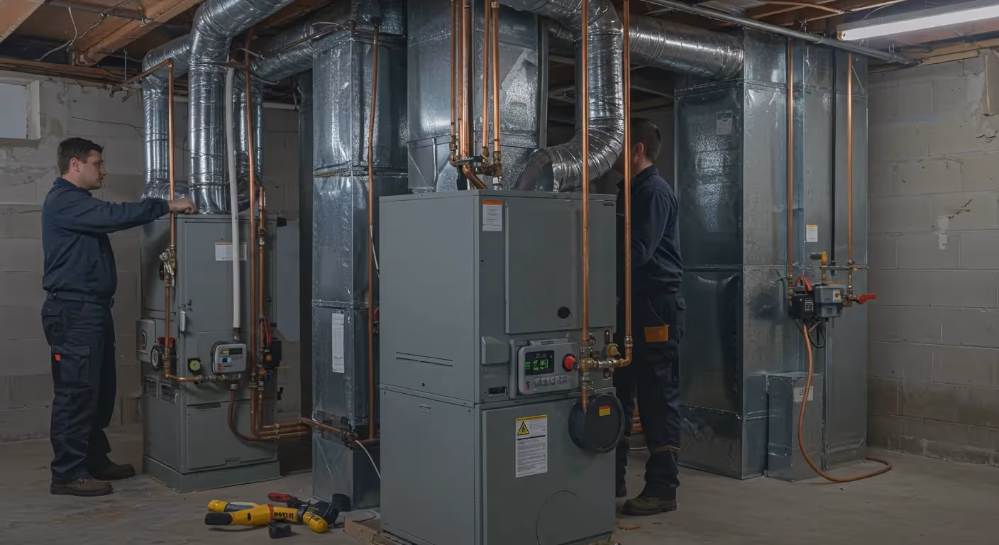 Two technicians installing basement furnace system.