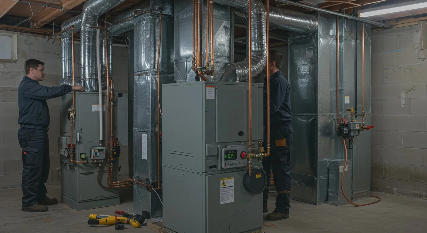 Two technicians installing basement furnace system.