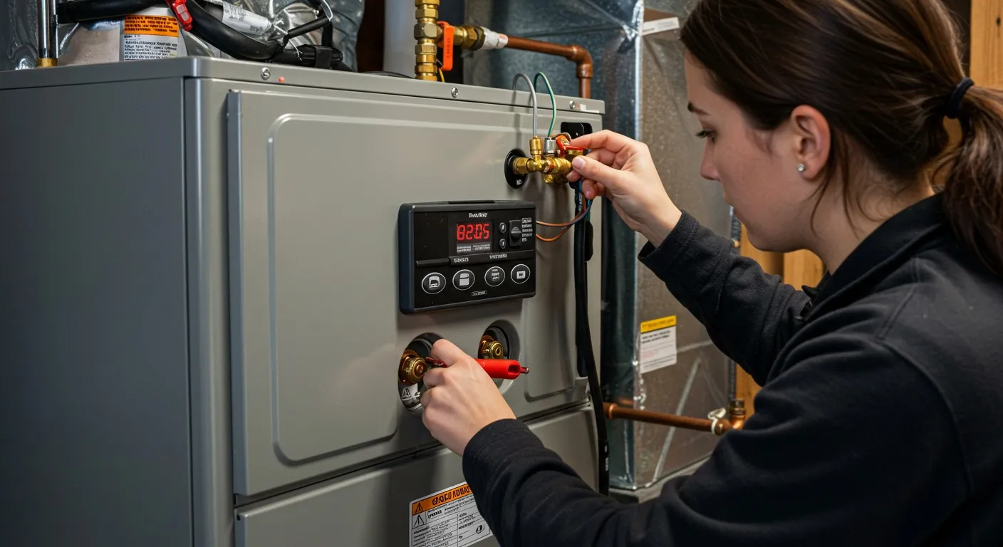 Technicians installing large furnace in basement.