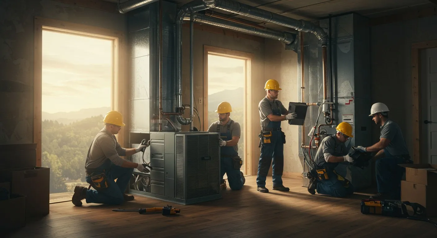 Technicians installing furnace near sunny windows.