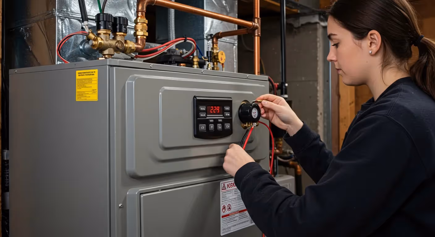Technician kneeling by old rusted furnace.