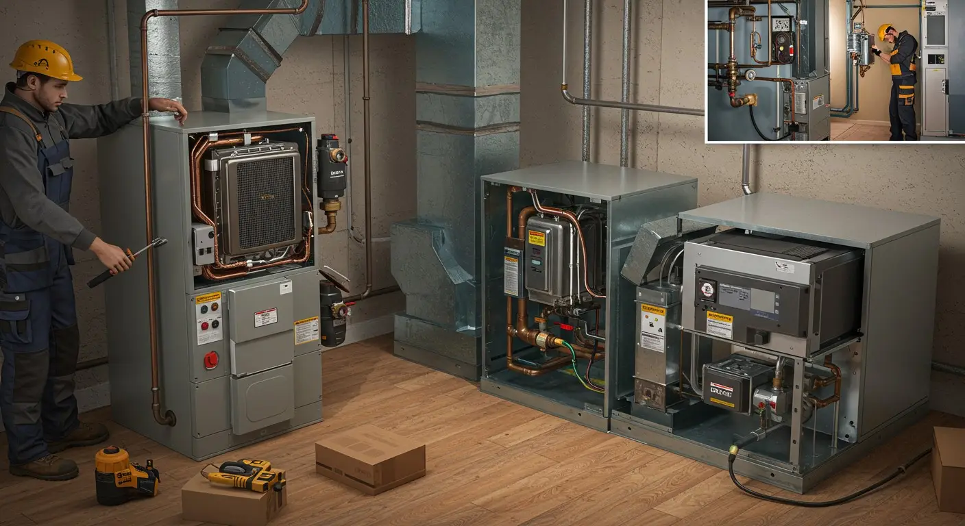 Technician maintaining multiple basement heating units.