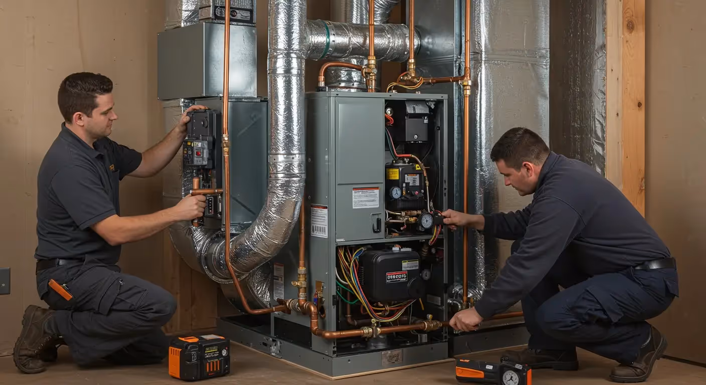 Two technicians installing furnace with pipes.