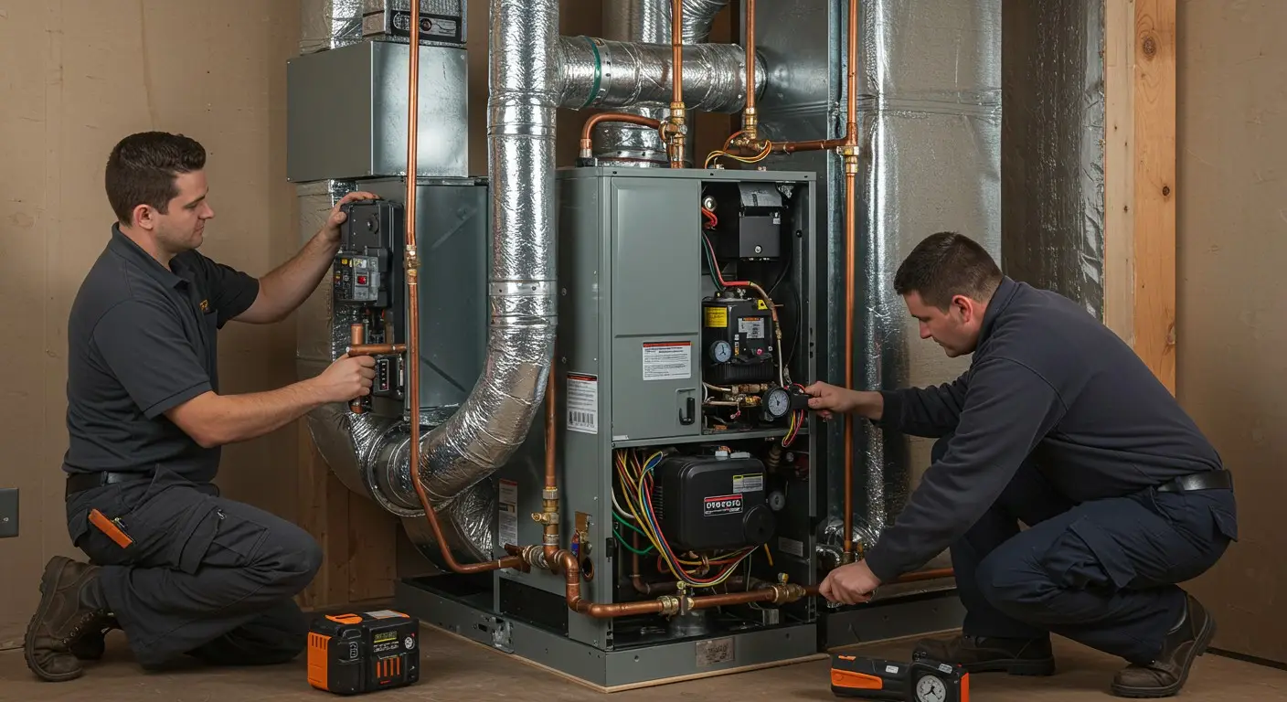 Two technicians installing furnace with pipes.