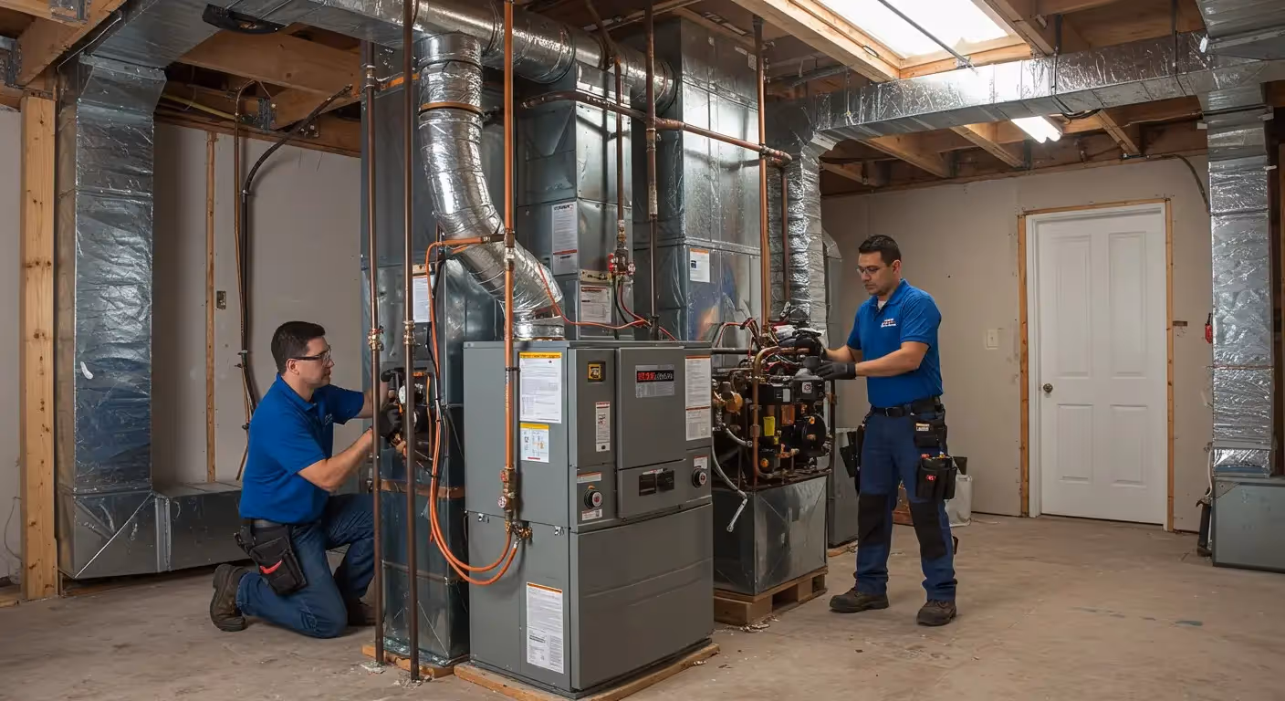 Two HVAC technicians servicing large furnace.