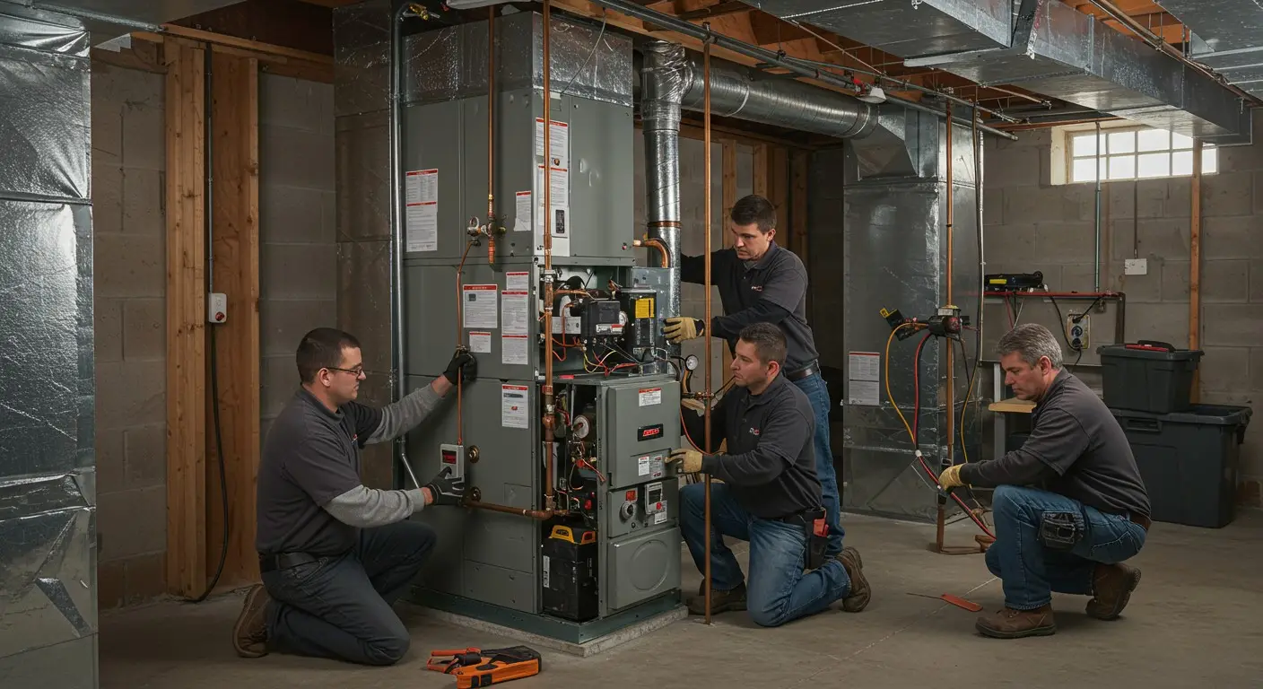 Four technicians collaborating on furnace maintenance.