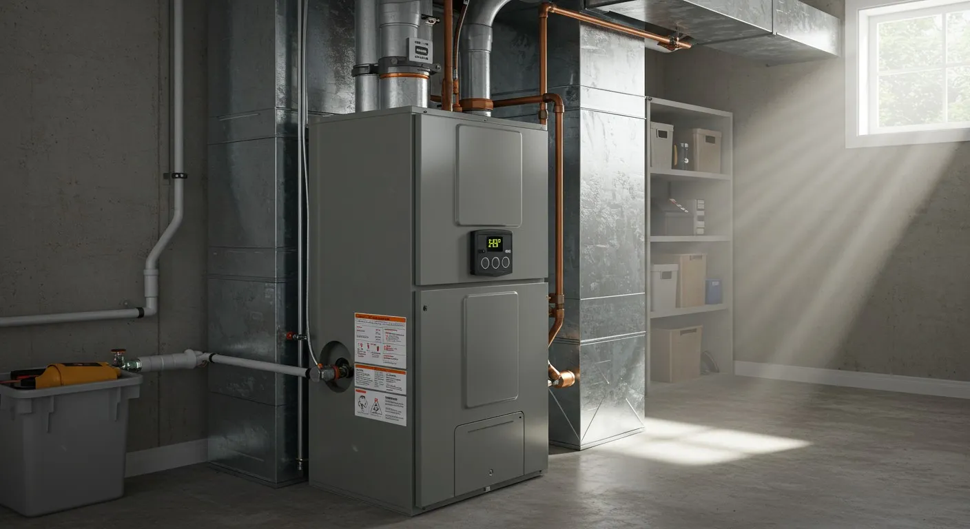 Modern furnace unit installed in basement.