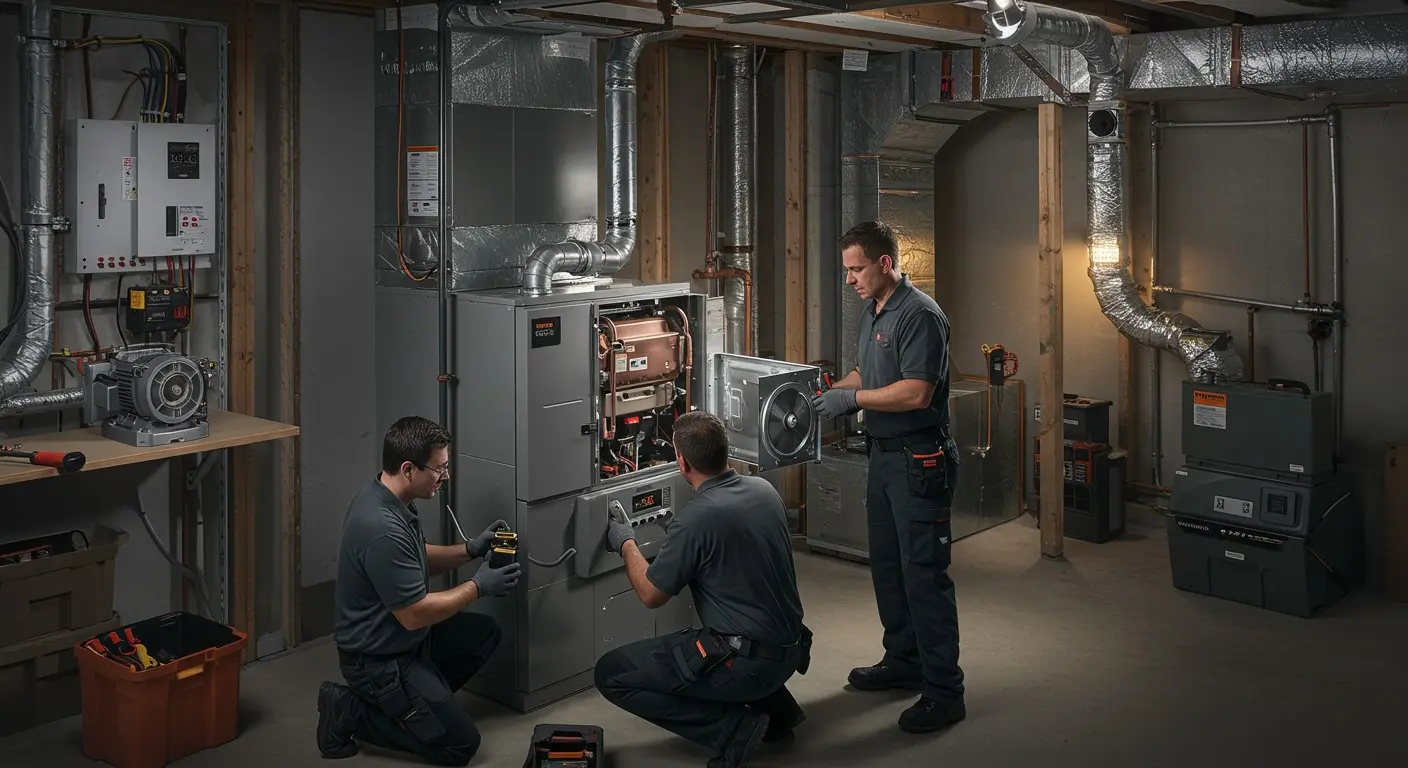 Three technicians repairing open furnace assembly.
