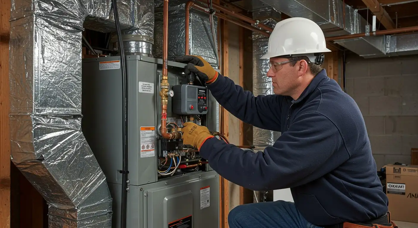 Technician in hardhat inspecting furnace pipes.