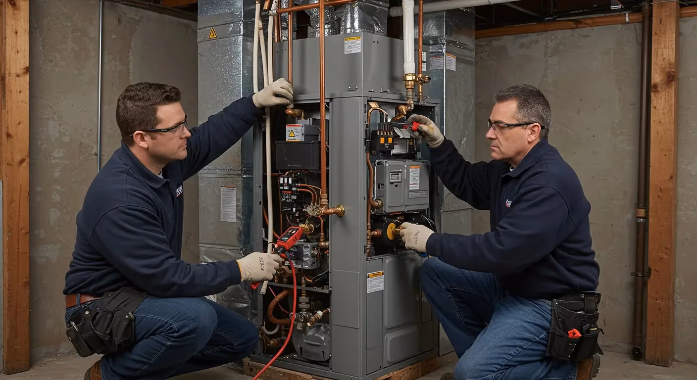 Two technicians testing complex furnace wiring.