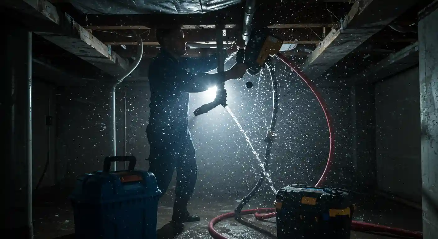 A plumber works in a dark, flooded basement to repair a burst pipe spraying water. Hoses and toolboxes sit on the wet floor under dramatic lighting.