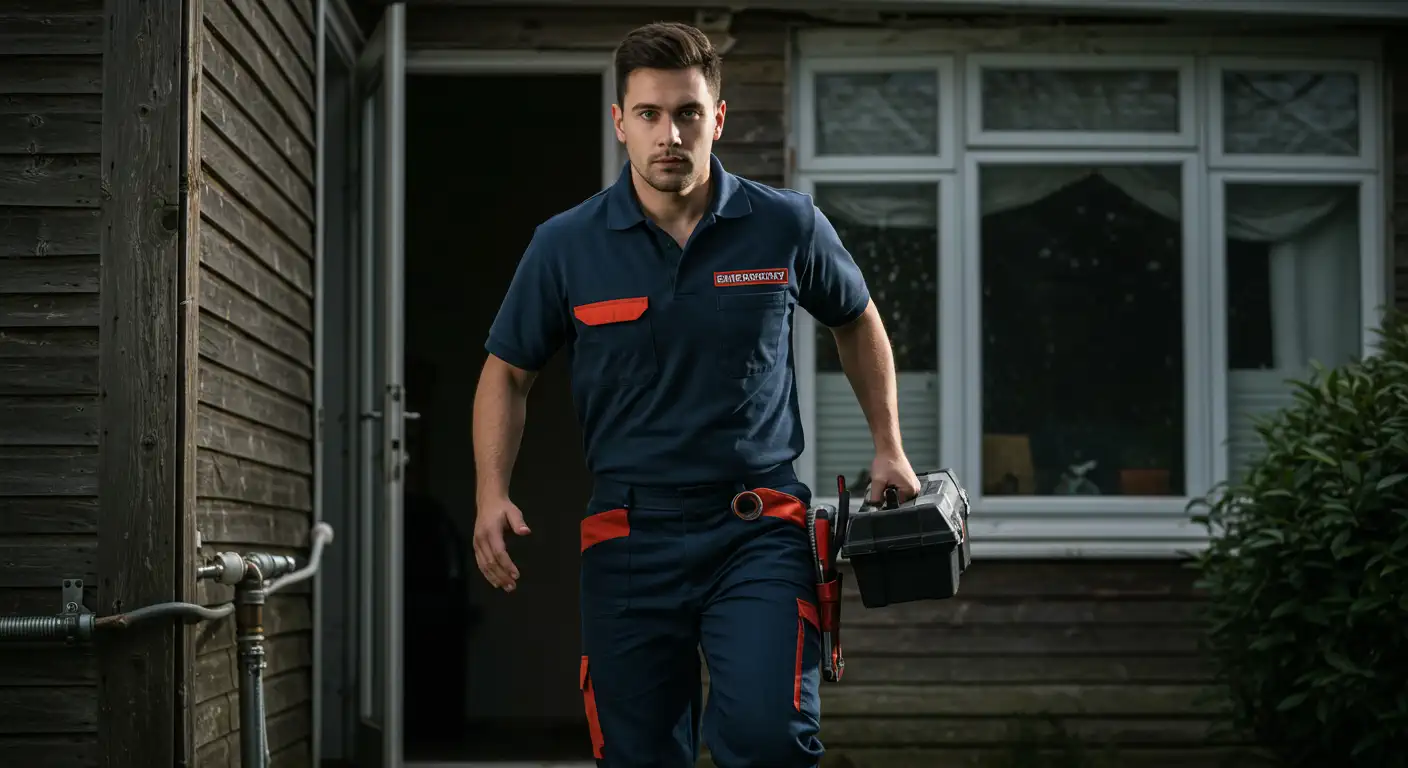 A plumber wearing a navy blue uniform walks briskly out of a house while carrying a black toolbox. He has a serious expression, and his uniform features red accents and an "EMERGENCY" patch.