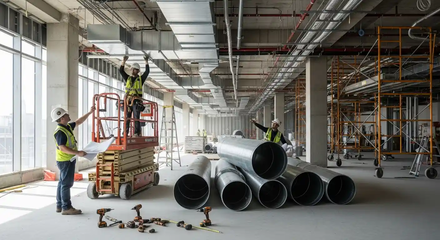 Several construction workers in hard hats and safety vests install large metal HVAC ductwork in a spacious, unfinished commercial building. One worker operates a scissor lift while others review blueprints near stacks of piping.