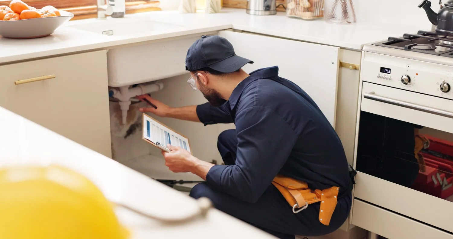 A plumber in a navy uniform and safety glasses kneels to inspect white PVC pipes under a kitchen sink. He holds a clipboard with documents while a large water stain is visible behind the pipes.