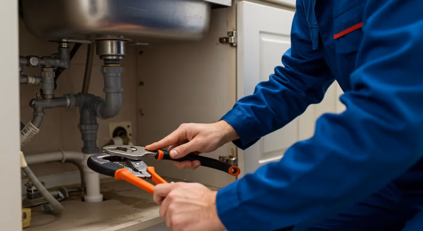 A plumber in a blue uniform uses a pair of orange-handled groove-joint pliers to work on the PVC drain pipes under a kitchen sink. The white cabinet doors are open, revealing the complex pipe assembly.