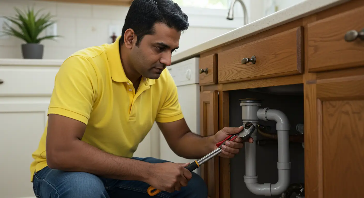 A man in a yellow polo shirt and jeans kneels while using a pipe wrench to work on the white PVC drain assembly under a wooden kitchen sink cabinet. A small potted plant is visible in the background.