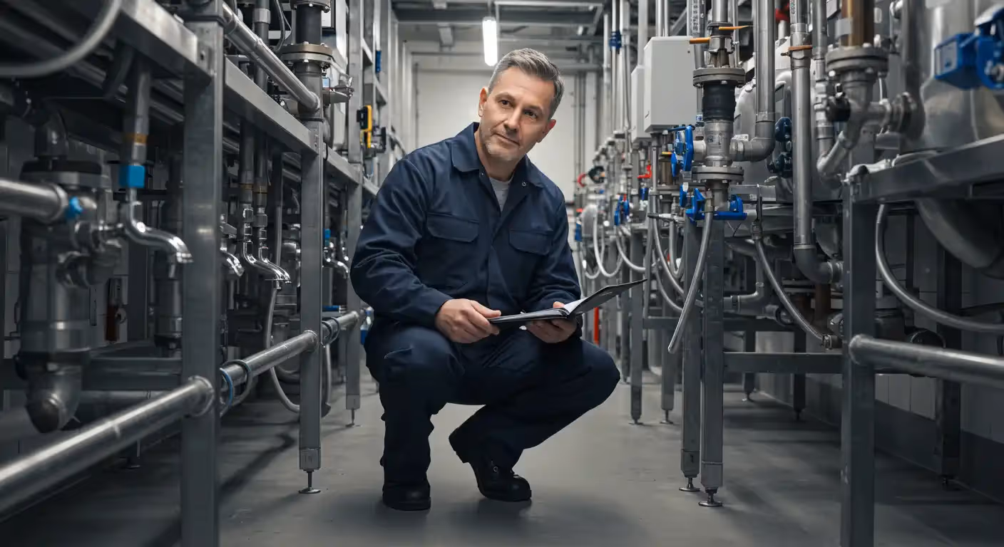 A technician in a navy blue uniform kneels in a narrow aisle of a high-tech facility. He reviews a clipboard while surrounded by dense, vertical rows of industrial steel pipes, valves, and mechanical equipment.