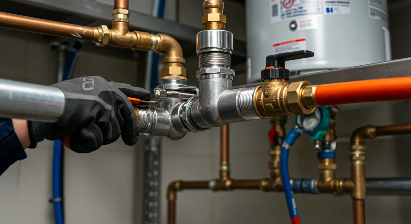 A worker's gloved hand uses a tool to adjust a metal T-joint in an industrial plumbing system. The assembly includes copper and blue piping connected to a white water heater.