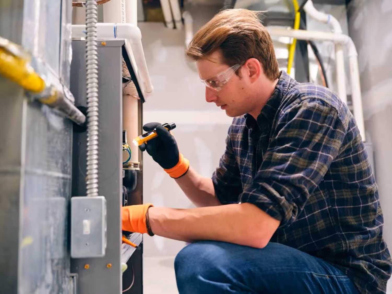 A technician in a plaid shirt and safety glasses crouches to inspect a furnace. He wears orange-and-black gloves and uses a small flashlight to illuminate the internal components of the HVAC unit.