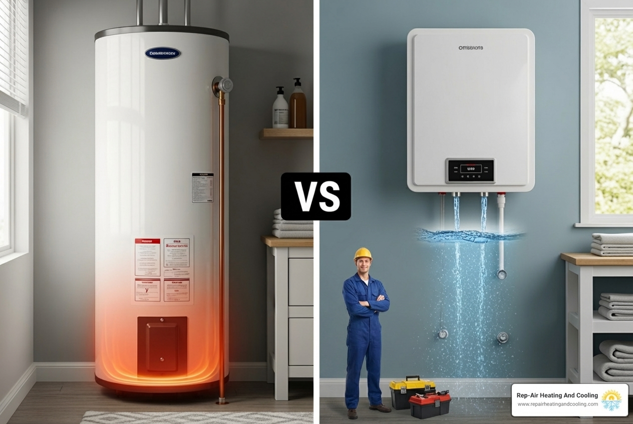 infographic comparing traditional tank water heater with stored water and standby heat loss versus tankless on-demand system showing water flowing through heat exchanger with flow sensor activation, instant heating, and continuous supply with no storage required - best on demand hot water heater