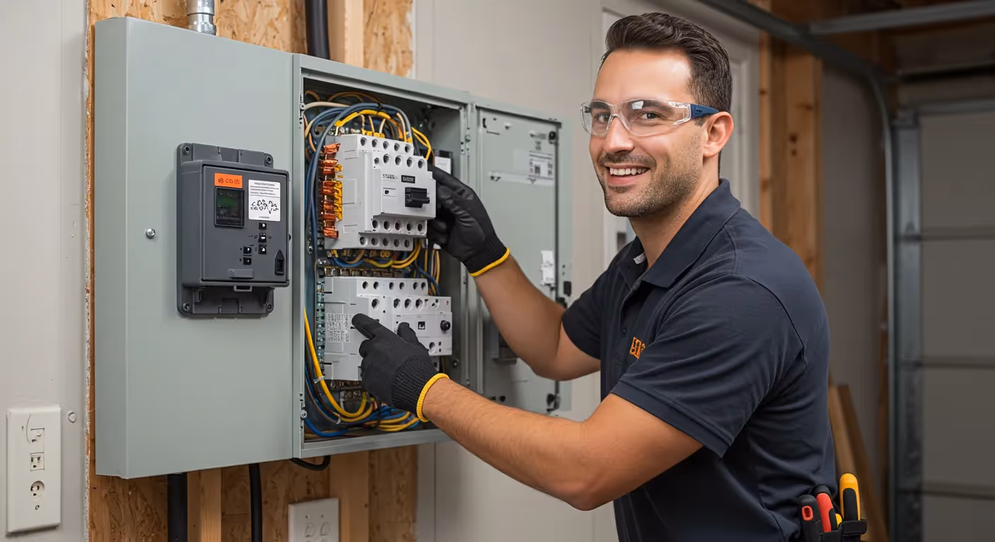A smiling male electrician wearing safety glasses points toward components inside a large electrical service panel