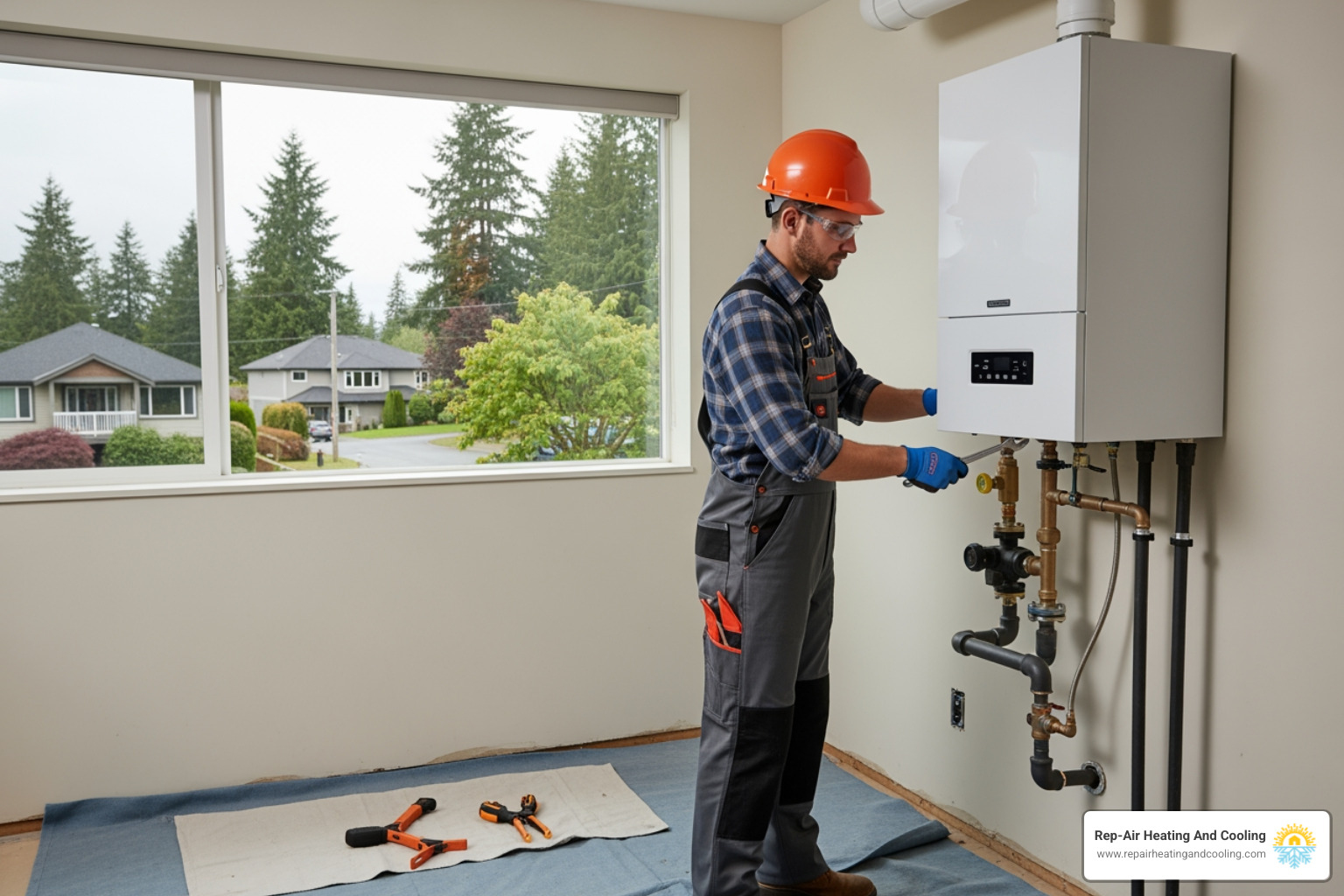 infographic showing the boiler installation process from assessment through heat loss calculation, system selection, site preparation, installation, and post-installation testing with typical timelines and permit requirements for East Maple Ridge - boiler installation in East Maple Ridge, BC