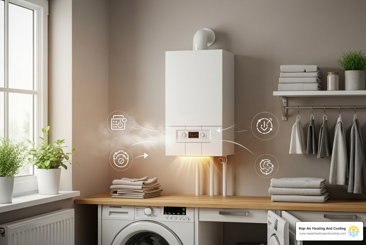 infographic showing energy efficiency comparison between old boilers at 60% efficiency versus modern condensing boilers at 90%+ efficiency, with visual representation of potential energy savings and reduction of 1000+ kg of CO2 emissions per year - boiler installation in Aberdeen, BC infographic showing energy efficiency comparison between old boilers at 60% efficiency versus modern condensing boilers at 90%+ efficiency, with visual representation of potential energy savings and reduction of 1000+ kg of CO2 emissions per year - boiler installation in Aberdeen, BC