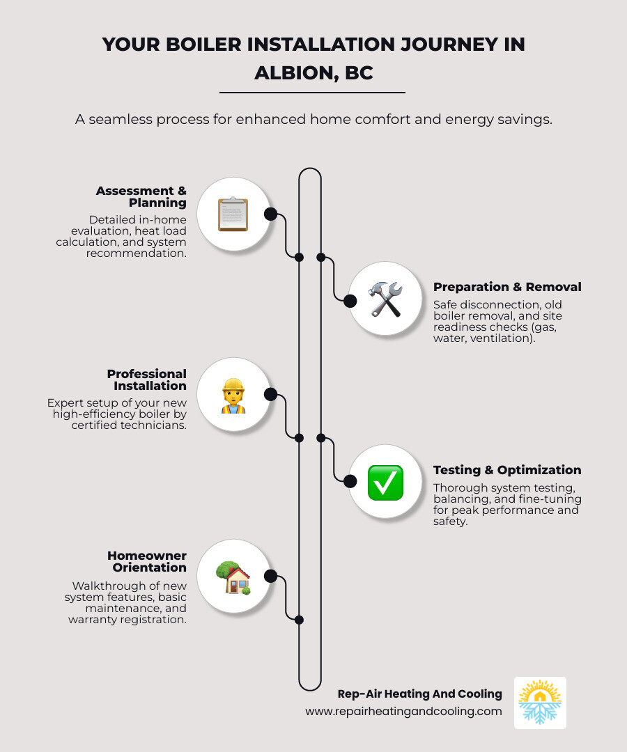Infographic showing the boiler installation process: Step 1 - In-home assessment and heat load calculation; Step 2 - Safe disconnection and removal of old boiler; Step 3 - Site preparation including gas line, water pressure, and ventilation inspection; Step 4 - Professional installation with licensed technicians; Step 5 - System testing, balancing, and verification; Step 6 - Homeowner walkthrough and warranty registration. Includes icons for efficiency ratings 95%+ AFUE, FortisBC rebates up to $1,000, and typical installation time of 1 day. - boiler installation in Albion, BC infographic infographic-line-5-steps-elegant_beige