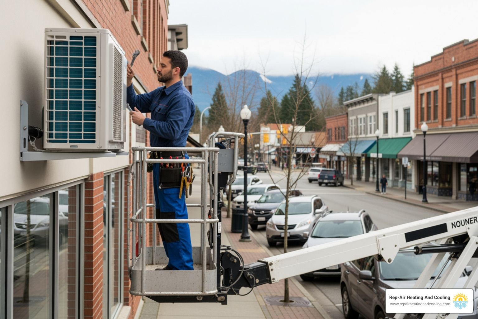 Infographic showing how a heat pump works in both heating and cooling modes, with arrows indicating heat transfer from outside to inside in winter, and inside to outside in summer, plus key components like the outdoor unit, indoor unit, refrigerant lines, and reversing valve - heat pump service in Downtown Mission, BC
