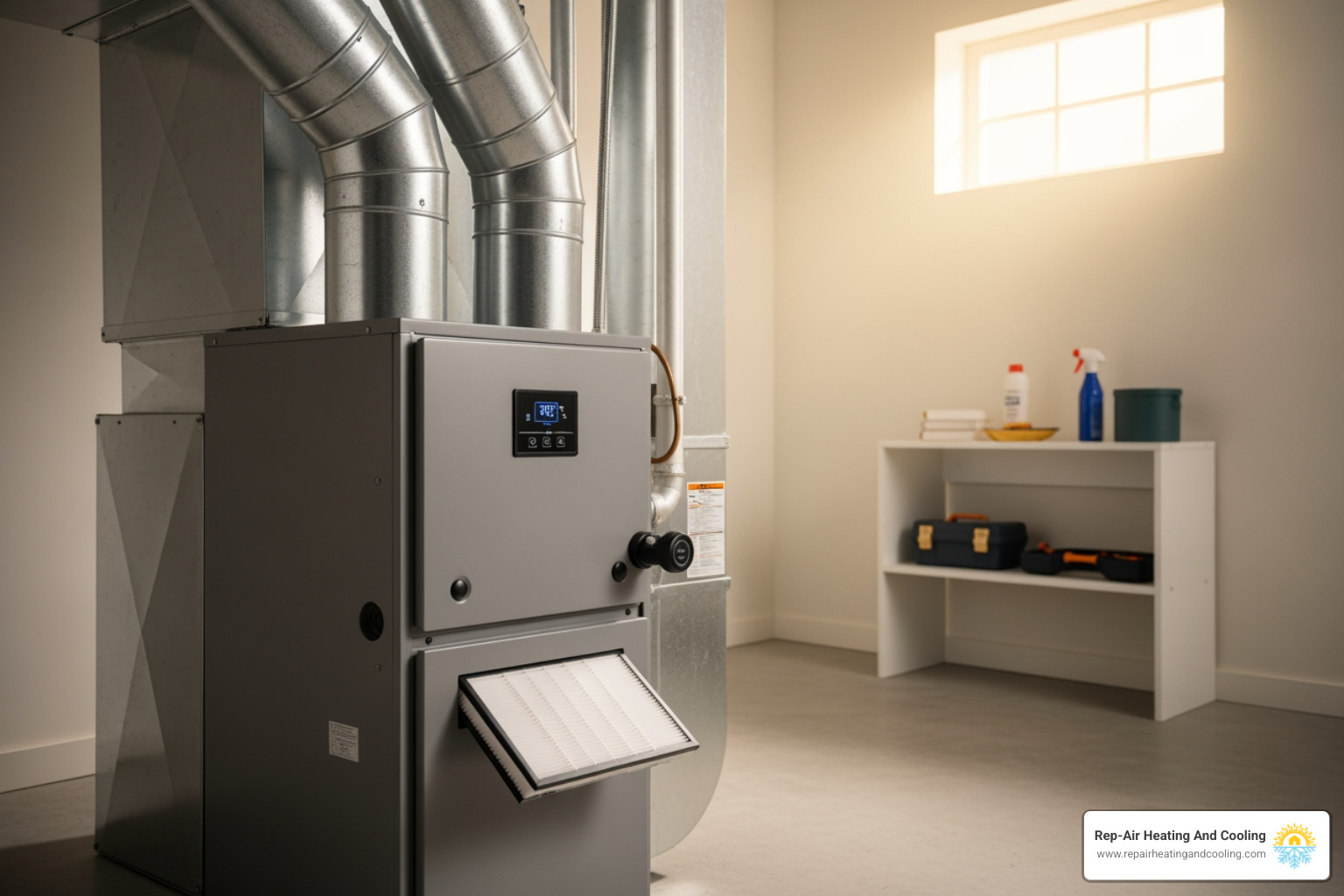 Infographic showing the key components of a home furnace system including the thermostat, burners, heat exchanger, blower motor, air filter, and ductwork, with labels explaining how each part contributes to heating your home safely and efficiently - furnace service in Abbotsford, BC