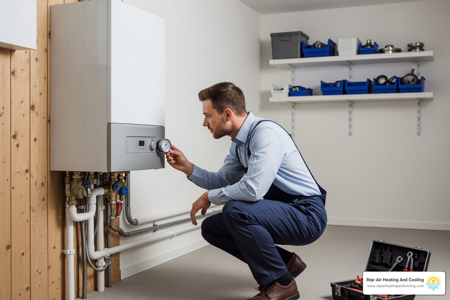 Infographic showing 5 numbered steps to diagnose a boiler not heating: 1) Thermostat check with battery symbol, 2) Circuit breaker panel with reset indicator, 3) Boiler pressure gauge showing proper range, 4) Pilot light flame icon, 5) Radiator with air bleed valve highlighted - boiler not heating in Mission, BC