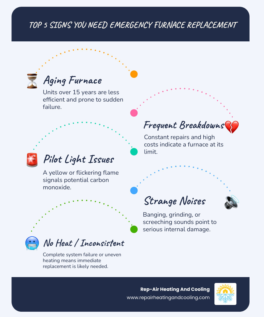 Infographic showing the top 5 signs you need emergency furnace replacement: furnace age over 15 years, frequent breakdowns and costly repairs, yellow or flickering pilot light indicating carbon monoxide risk, strange noises like banging or screeching from the unit, and inconsistent heating or complete system failure - 24 hour furnace installation in East Maple Ridge, BC infographic infographic-line-5-steps-blues-accent_colors Infographic showing the top 5 signs you need emergency furnace replacement: furnace age over 15 years, frequent breakdowns and costly repairs, yellow or flickering pilot light indicating carbon monoxide risk, strange noises like banging or screeching from the unit, and inconsistent heating or complete system failure - 24 hour furnace installation in East Maple Ridge, BC infographic infographic-line-5-steps-blues-accent_colors