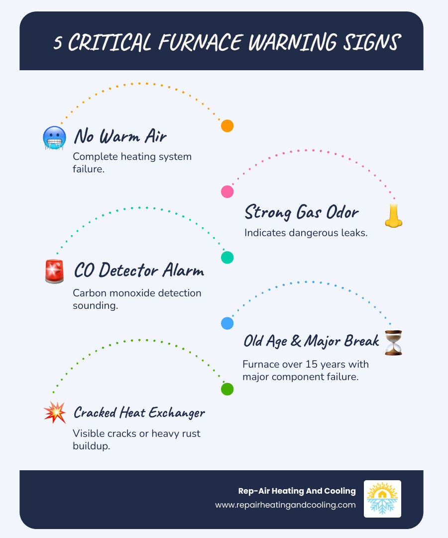 Infographic showing the top 5 critical signs requiring emergency furnace replacement: complete heating failure with no warm air, strong gas odor indicating dangerous leaks, carbon monoxide detector alarm sounding, furnace age over 15 years with major breakdown, and visible cracks in heat exchanger or heavy rust buildup - emergency furnace installation in Abbotsford, BC infographic infographic-line-5-steps-blues-accent_colors