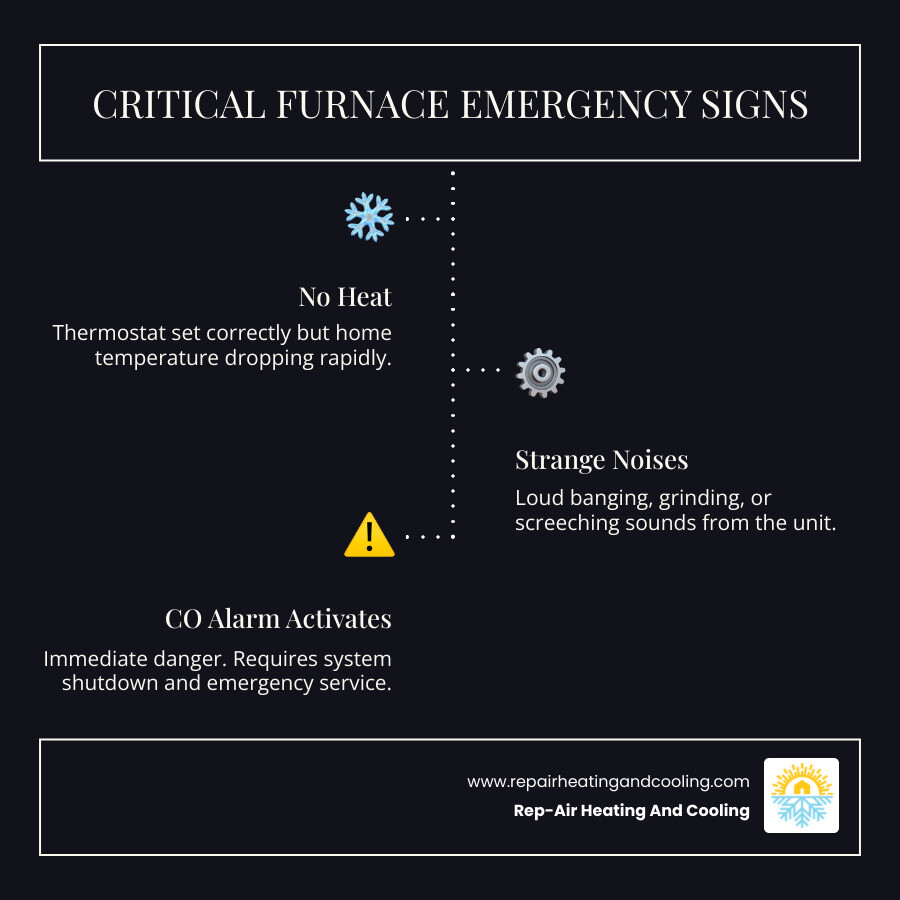 Infographic showing three critical signs your furnace needs emergency replacement: 1) No Heat - thermostat set correctly but home temperature dropping, 2) Strange Noises - loud banging, grinding, or screeching sounds indicating mechanical failure, 3) Carbon Monoxide Alarm - immediate danger requiring system shutdown and emergency service - emergency furnace installation in Mission, BC infographic infographic-line-3-steps-dark Infographic showing three critical signs your furnace needs emergency replacement: 1) No Heat - thermostat set correctly but home temperature dropping, 2) Strange Noises - loud banging, grinding, or screeching sounds indicating mechanical failure, 3) Carbon Monoxide Alarm - immediate danger requiring system shutdown and emergency service - emergency furnace installation in Mission, BC infographic infographic-line-3-steps-dark