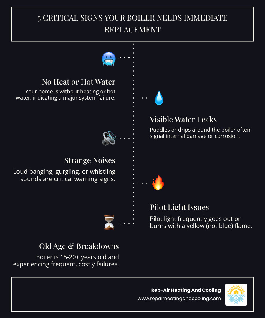 Infographic showing 5 critical signs your boiler needs immediate replacement: no heat or hot water, visible water leaks around the unit, strange noises like banging or whistling, pilot light repeatedly going out, and boiler age over 15-20 years with frequent breakdowns - 24 hour boiler replacement in Downtown Mission, BC infographic infographic-line-5-steps-dark Infographic showing 5 critical signs your boiler needs immediate replacement: no heat or hot water, visible water leaks around the unit, strange noises like banging or whistling, pilot light repeatedly going out, and boiler age over 15-20 years with frequent breakdowns - 24 hour boiler replacement in Downtown Mission, BC infographic infographic-line-5-steps-dark
