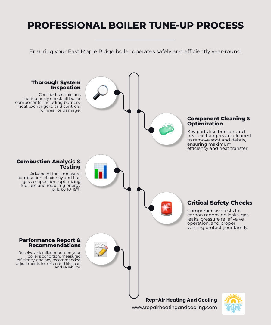 Infographic showing the boiler tune-up process: inspection, cleaning, combustion testing, safety checks, and post-service reporting, with icons representing efficiency improvement, breakdown prevention, and extended lifespan - boiler tune-up service in East Maple Ridge, BC infographic infographic-line-5-steps-elegant_beige