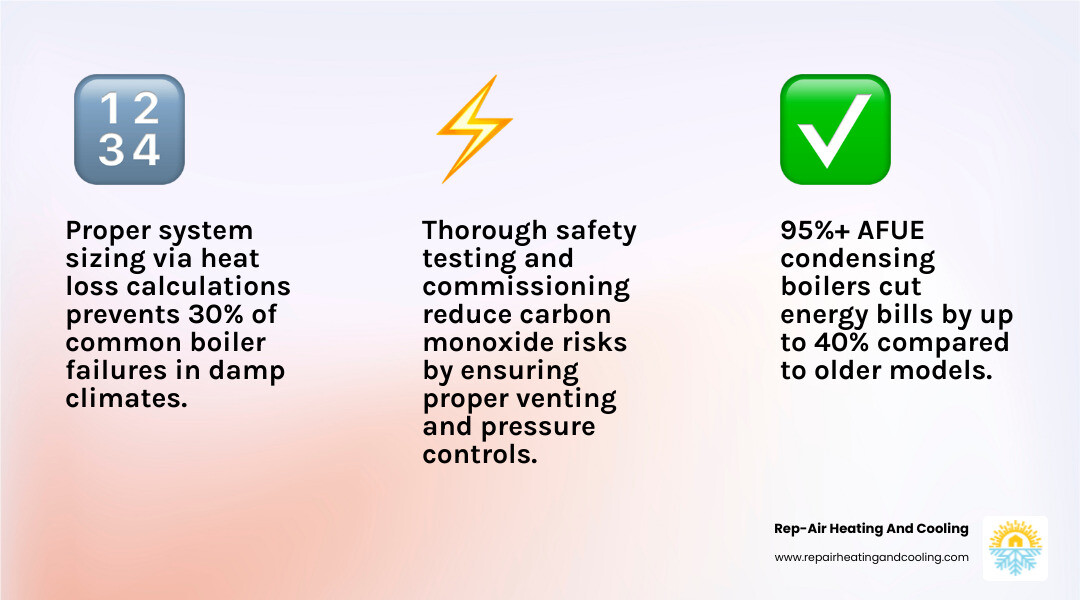 infographic showing the key factors in selecting boiler replacement services including system sizing, efficiency ratings, proper venting, safety testing, and warranty coverage - best boiler replacement in downtown mission, bc infographic 3_facts_emoji_light-gradient