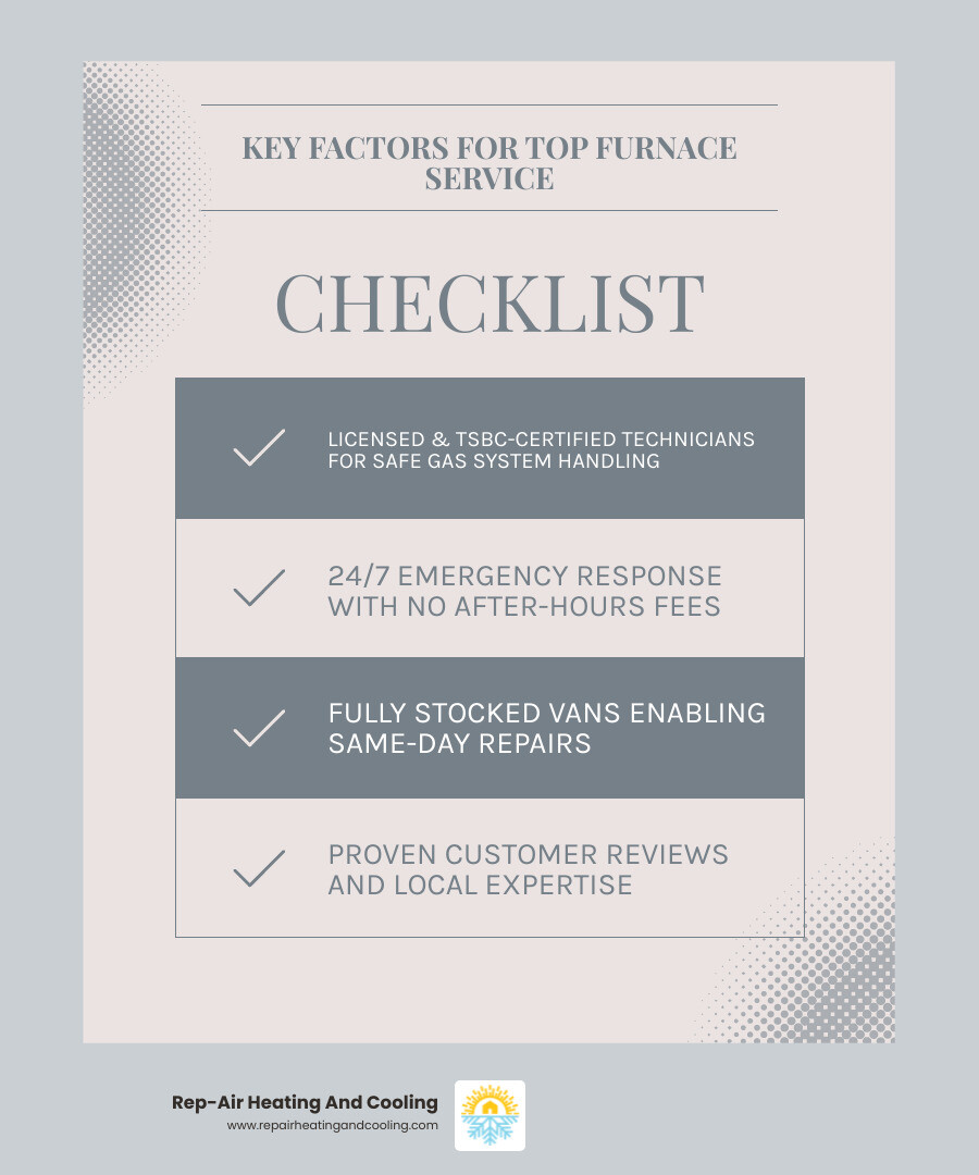 Infographic showing key factors when choosing furnace service: licensing and certification badges, 24/7 emergency phone icon, technician with clipboard for inspections, calendar showing annual maintenance schedule, customer review stars, and service truck icon representing local availability - best furnace service in maple ridge, bc infographic checklist-light-blue-grey