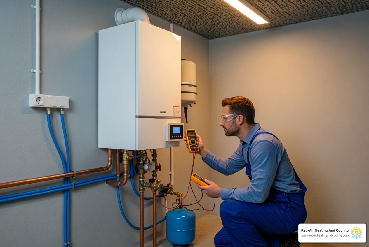 Infographic showing four key benefits of annual boiler maintenance: Safety (carbon monoxide testing and leak detection), Efficiency (optimized combustion and lower energy bills), Lifespan (prevents wear and extends equipment life), and Savings (avoids costly emergency repairs) - boiler maintenance company in Downtown Mission, BC