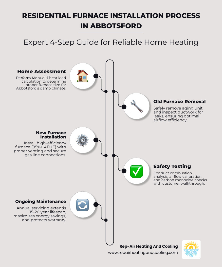 Infographic showing the residential furnace installation process in Abbotsford: Step 1 - Home assessment and Manual J heat load calculation; Step 2 - Old furnace removal and ductwork inspection; Step 3 - New high-efficiency furnace installation with proper venting and gas line connection; Step 4 - Combustion safety testing, airflow calibration, and customer walkthrough; includes icons showing 15-20 year average lifespan, 95%+ AFUE efficiency ratings, and annual maintenance requirements - residential furnace installation in abbotsford, bc infographic infographic-line-5-steps-elegant_beige