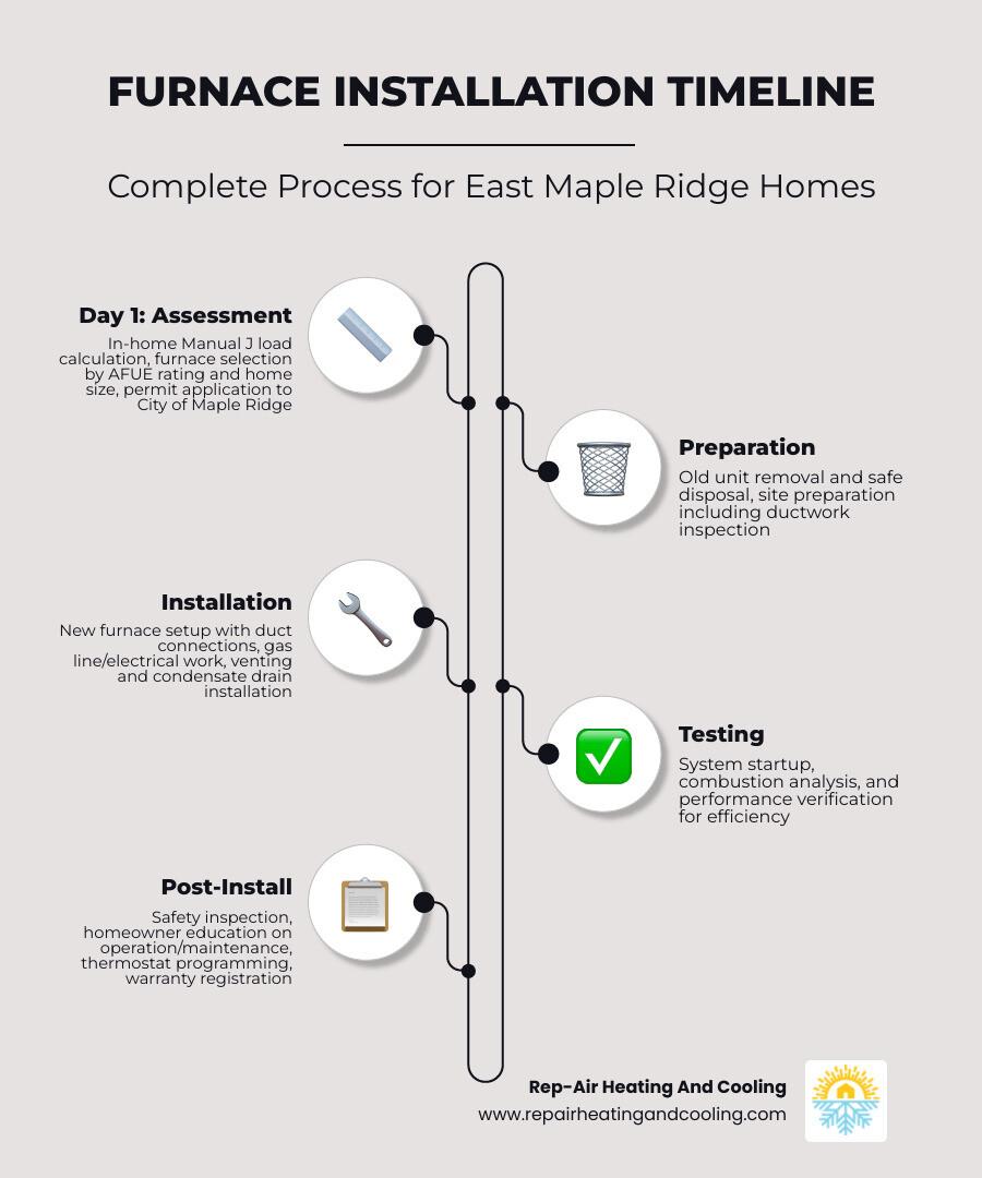 Infographic showing the complete furnace installation timeline: Day 1 includes in-home assessment with Manual J load calculation, furnace selection based on AFUE ratings and home size, and permit application to City of Maple Ridge; Installation Day shows old unit removal and disposal, new furnace installation with ductwork connections, gas line and electrical work by licensed technicians, venting and condensate drain setup, and system testing with combustion analysis; Post-Installation includes Technical Safety BC inspection, homeowner education on operation and maintenance, thermostat programming, warranty registration, and scheduling of first annual tune-up within 12 months - professional furnace installation in east maple ridge, bc infographic infographic-line-5-steps-elegant_beige