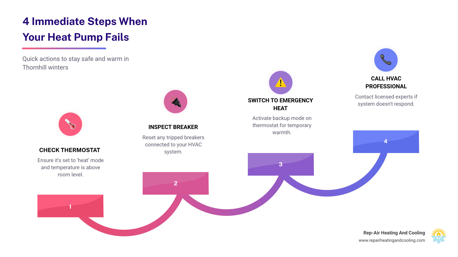 Infographic showing 4 immediate steps when heat pump fails in Thornhill BC winter emergency - emergency heat pump Infographic showing 4 immediate steps when heat pump fails in Thornhill BC winter emergency - emergency heat pump