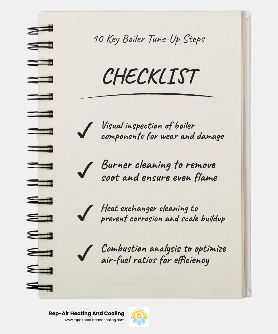 infographic showing the 10 key steps of a professional boiler tune-up including visual inspection, burner cleaning, heat exchanger cleaning, combustion analysis, safety control tests, pressure verification, lubrication, gas leak checks, electrical checks, and water quality assessment with duration estimates for standard and high-efficiency systems - boiler tune-up company in east maple ridge, bc infographic checklist-notebook infographic showing the 10 key steps of a professional boiler tune-up including visual inspection, burner cleaning, heat exchanger cleaning, combustion analysis, safety control tests, pressure verification, lubrication, gas leak checks, electrical checks, and water quality assessment with duration estimates for standard and high-efficiency systems - boiler tune-up company in east maple ridge, bc infographic checklist-notebook