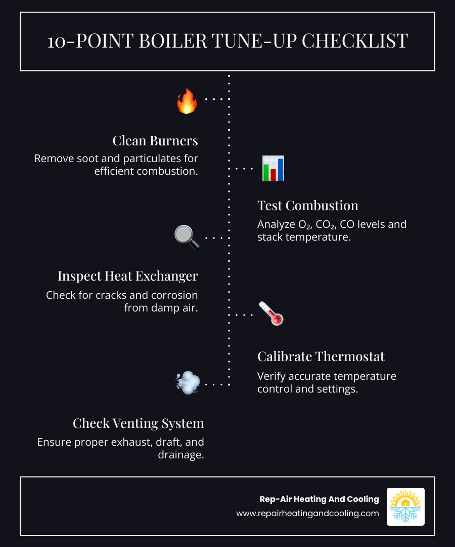 Infographic showing a 10-point boiler tune-up checklist: 1. Clean burners and combustion chamber, 2. Test combustion efficiency with flue gas analyzer, 3. Inspect heat exchanger for cracks or corrosion, 4. Calibrate thermostat and verify temperature accuracy, 5. Test pressure relief valve and low-water cutoff, 6. Check venting system for blockages and proper draft, 7. Inspect circulator pump and zone valves in hydronic systems, 8. Measure and adjust gas pressure and burner flame, 9. Test carbon monoxide levels in living spaces, 10. Flush condensate drain and verify proper drainage - boiler tune-up service in downtown mission, bc infographic infographic-line-5-steps-dark