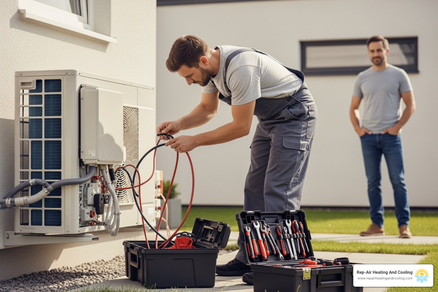 Infographic showing the emergency heat pump installation process: Step 1 - Emergency call and safety check (24/7 availability); Step 2 - Technician diagnosis and system sizing (load calculation and equipment selection); Step 3 - Old unit removal and new installation (electrical, refrigerant, and ductwork connections); Step 4 - Testing, commissioning, and homeowner walkthrough (operation tutorial and warranty details) - emergency heat pump installation in East Maple Ridge, BC