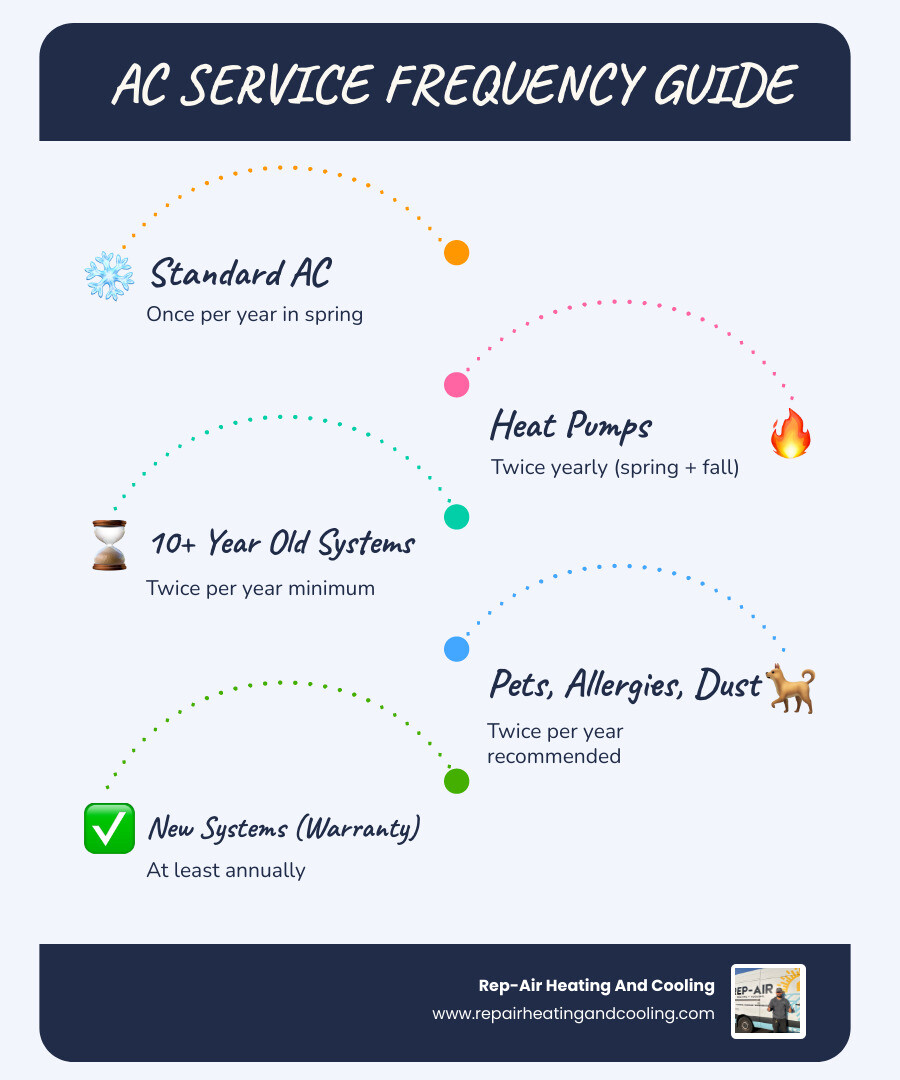 Infographic showing AC service frequency by system type, home environment, and system age - how often should you schedule