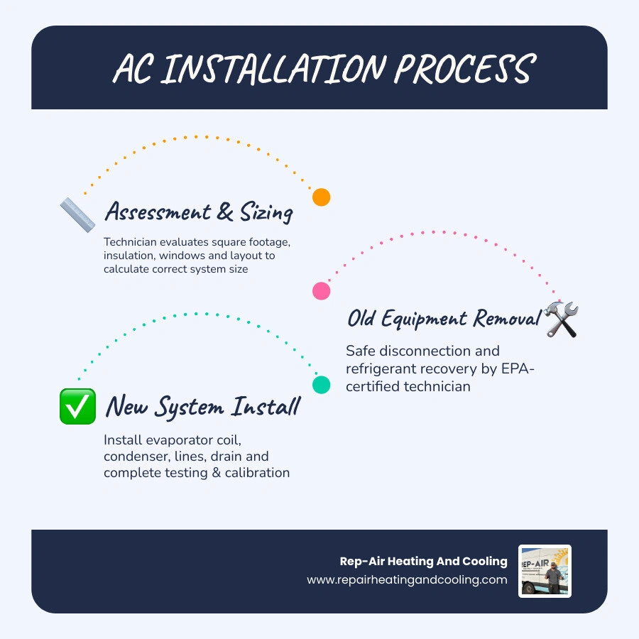 AC installation workflow infographic showing 8 steps from home assessment to final walkthrough infographic