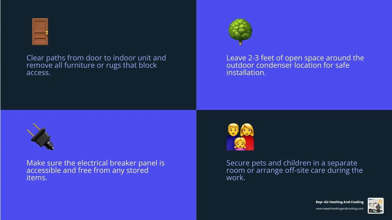 AC installation day checklist infographic for homeowners in Abbotsford BC showing 7 key preparation steps infographic